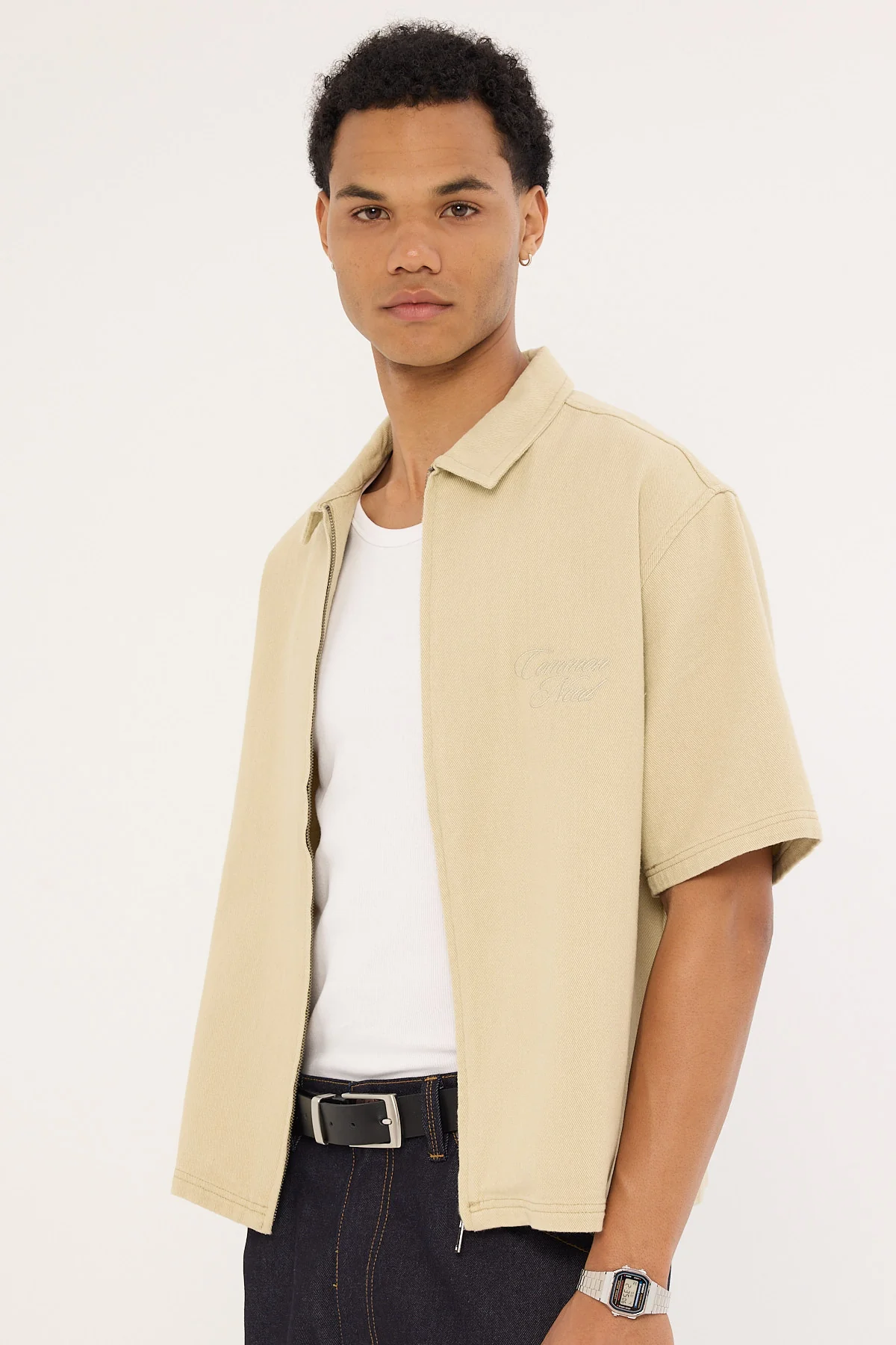 Common Need Dustin Zip Boxy Cropped Shirt Biscuit - Image 7