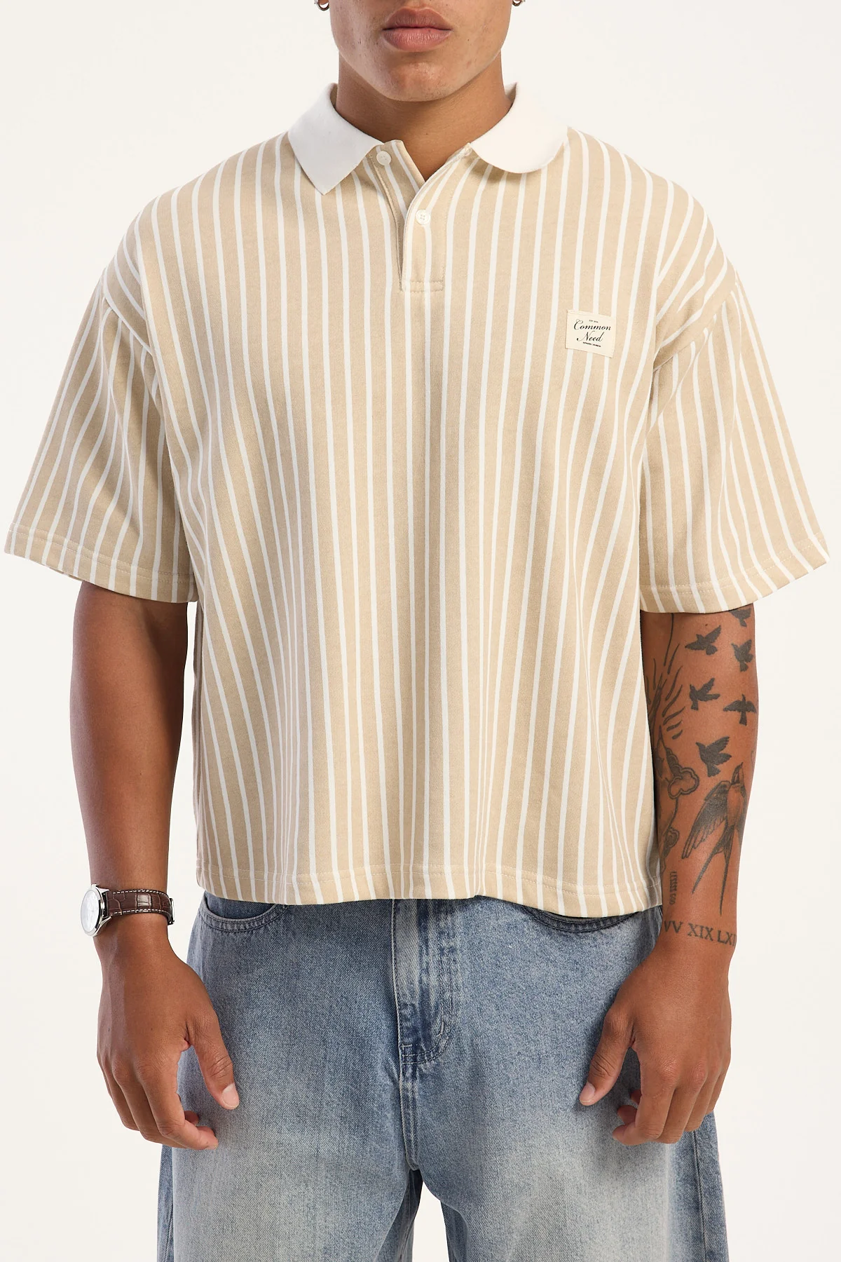 Common Need Eton Boxy Cropped Polo Tan Stripe - Image 6