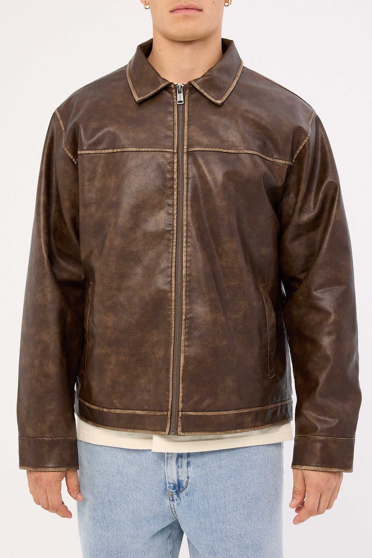 Common Need Pilot Recycled PU Leather Jacket Washed Brown - Image 8