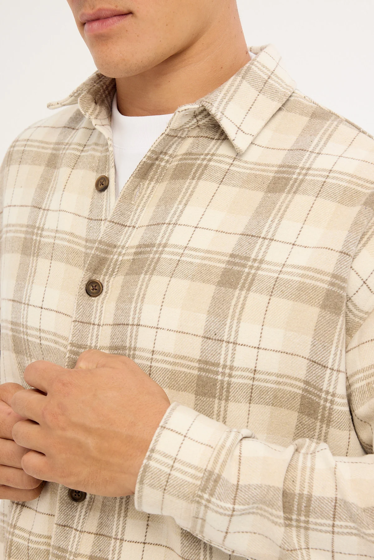 Common Need Preston Cropped Flannel Overshirt Off White - Image 3