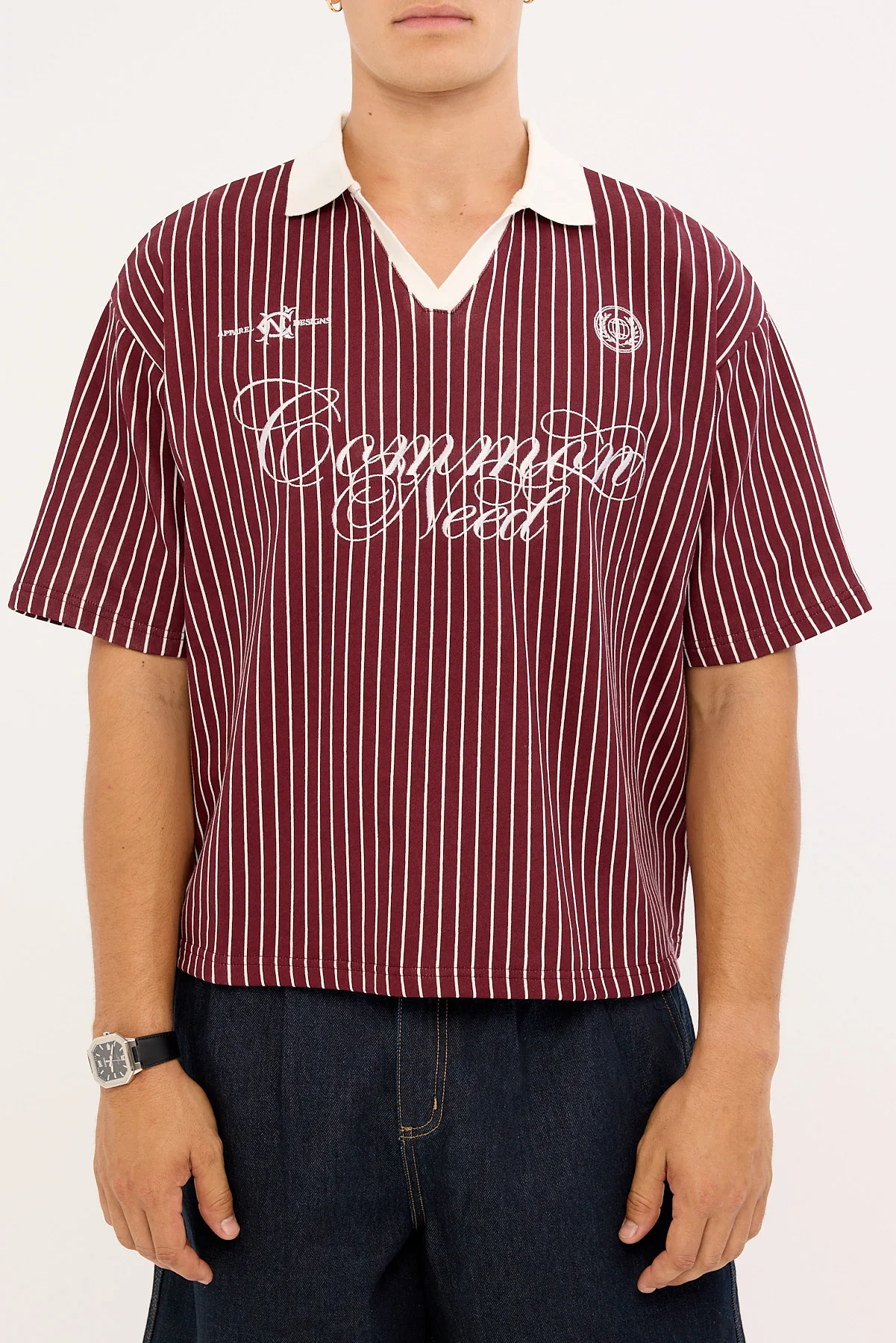 Common Need Regent Boxy Cropped Polo Burgundy Stripe - Image 6