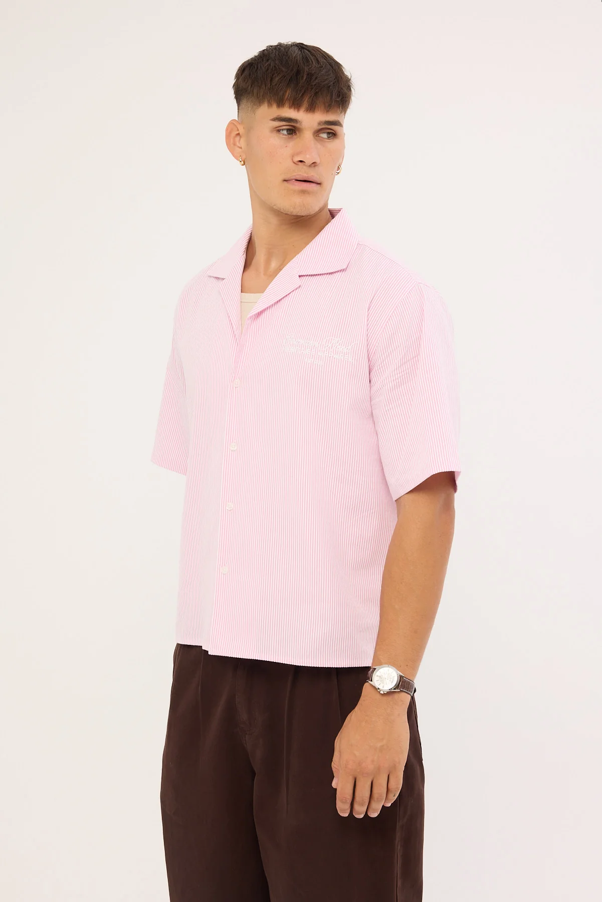 Common Need Royalty Boxy Cropped Resort Shirt Pink Stripe - Image 6