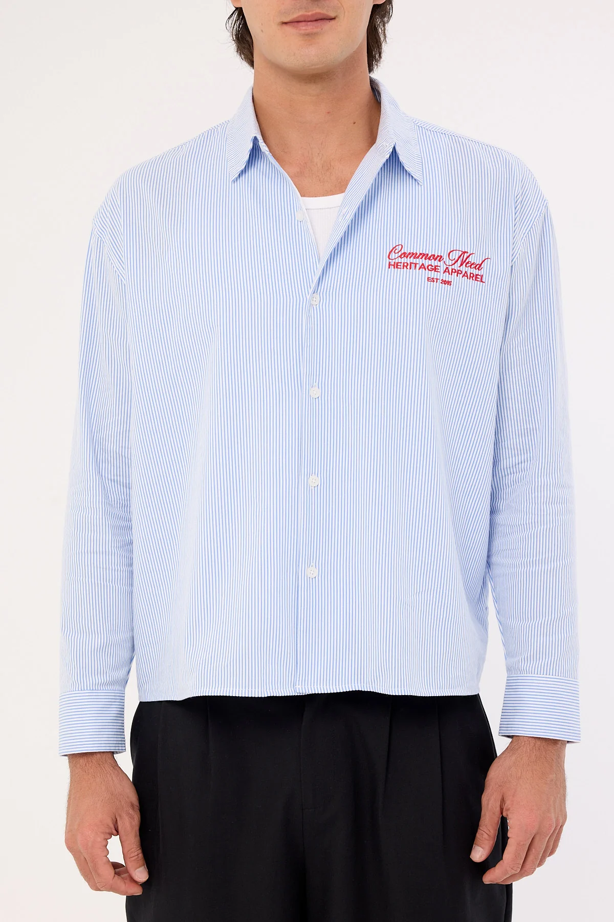 Common Need Royalty Boxy Long Sleeve Resort Shirt Blue Stripe - Image 7