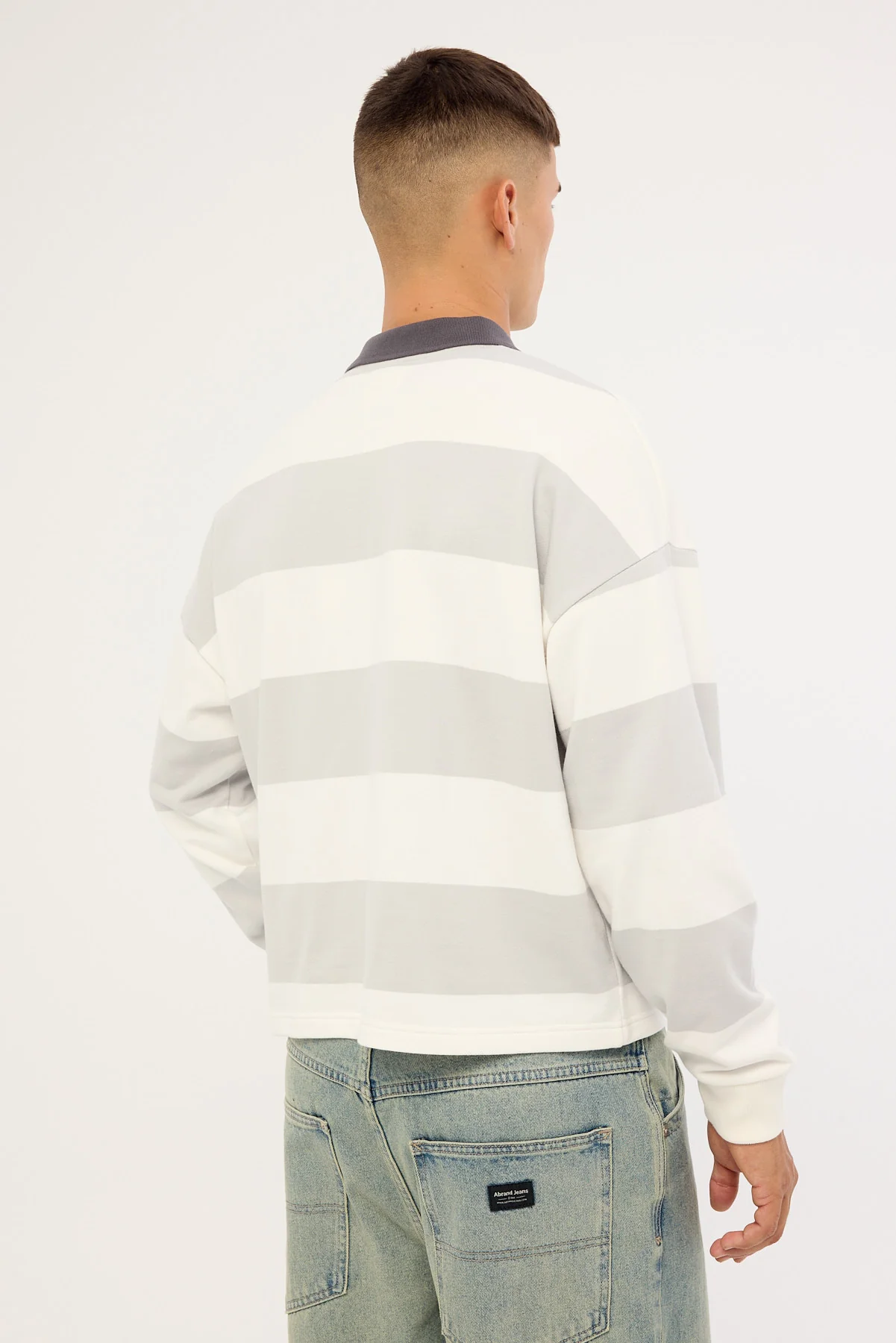 Common Need Stonecrest Cropped Long Sleeve Rugby Polo Grey/Off White Stripe - Image 5