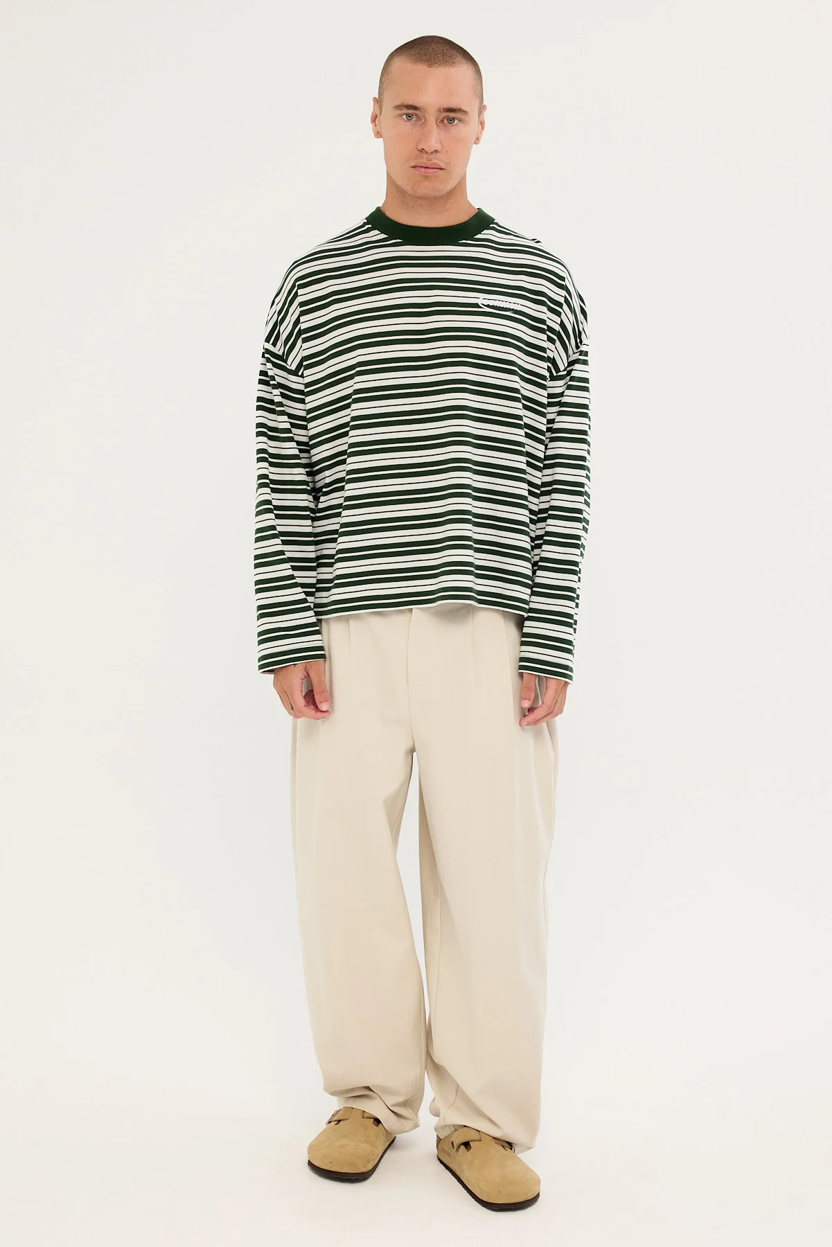 Common Need Ultrix Heavyweight Cropped Long Sleeve Tee Dark Green Stripe - Image 3