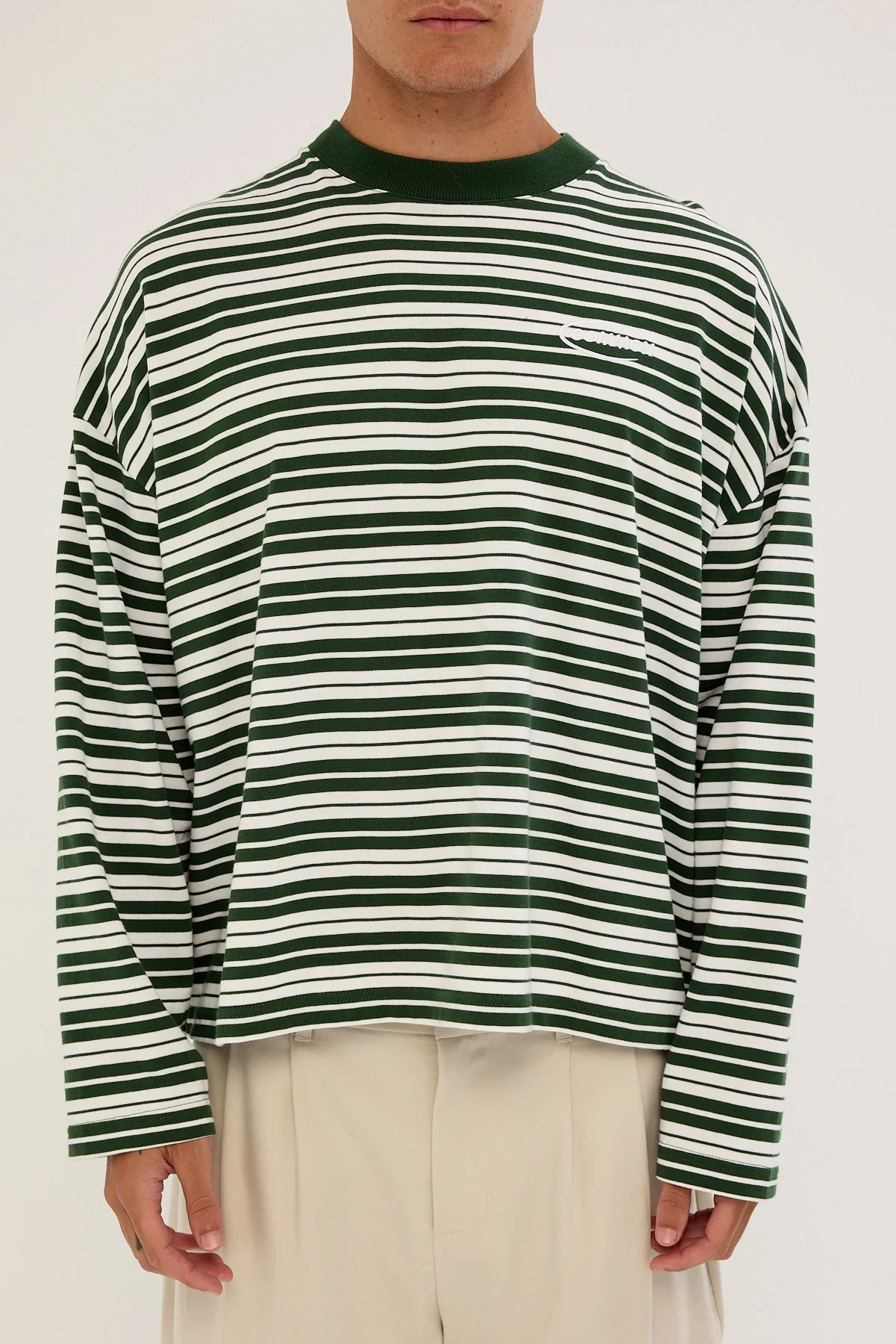 Common Need Ultrix Heavyweight Cropped Long Sleeve Tee Dark Green Stripe - Image 7