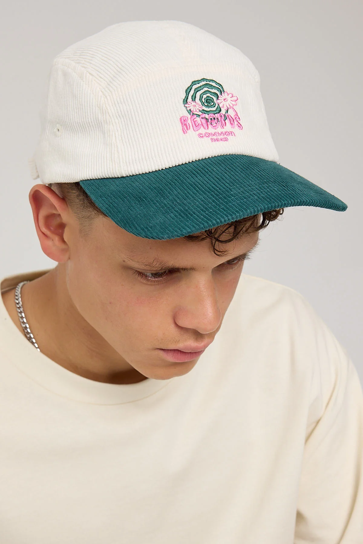 Common Need Vinyl Two Tone Cord 5 Panel Cap Off White/Teal - Image 5