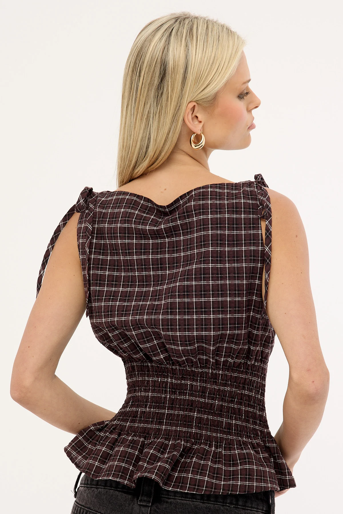 Luck & Trouble Andie Ruched Tie Top Brown Check - Image 5