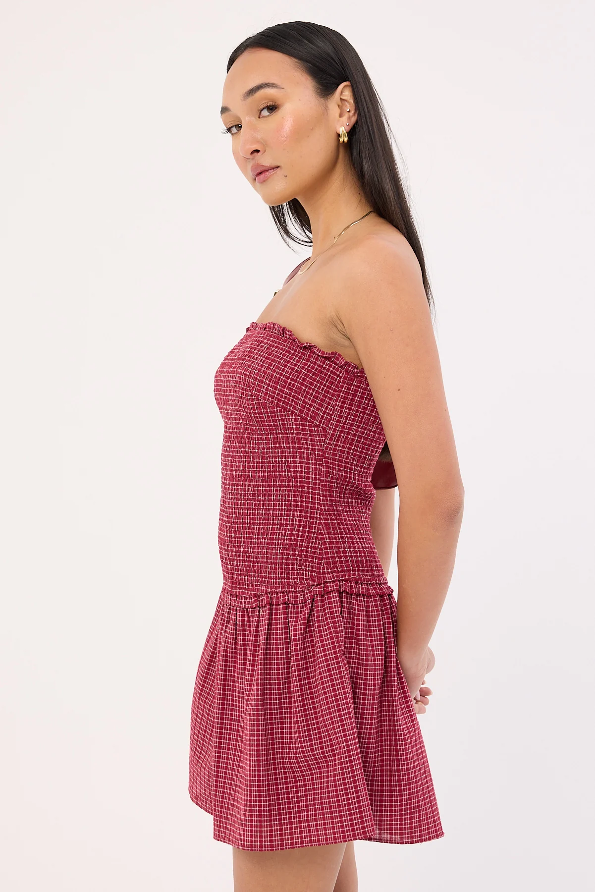 Luck & Trouble Andie Shirred Mini Dress Burgundy Check - Image 6