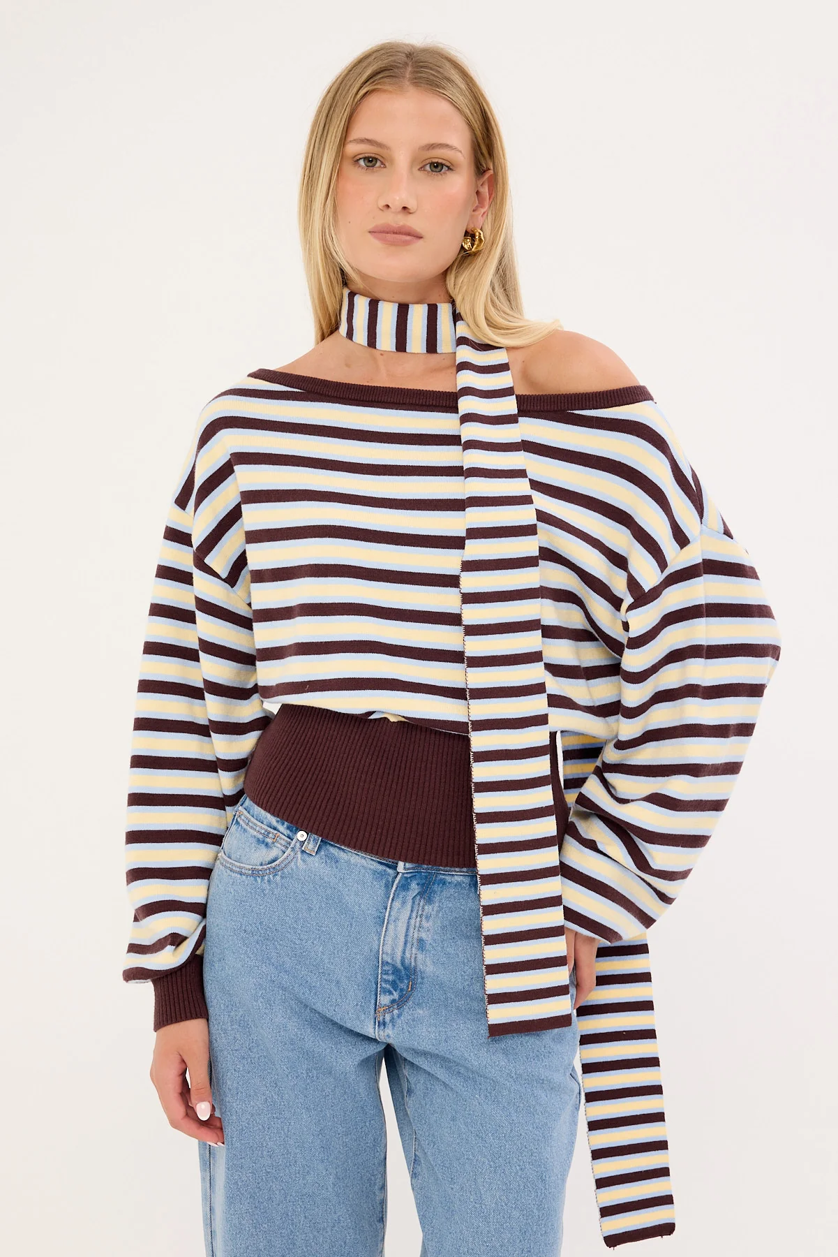 Luck & Trouble Blanca Stripe Off Shoulder Scarf Knit Brown Stripe - Image 3