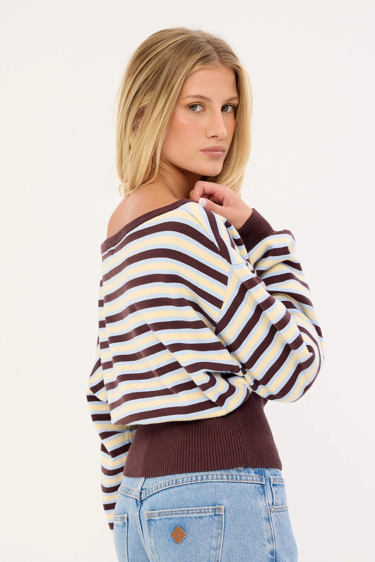 Luck & Trouble Blanca Stripe Off Shoulder Scarf Knit Brown Stripe - Image 6