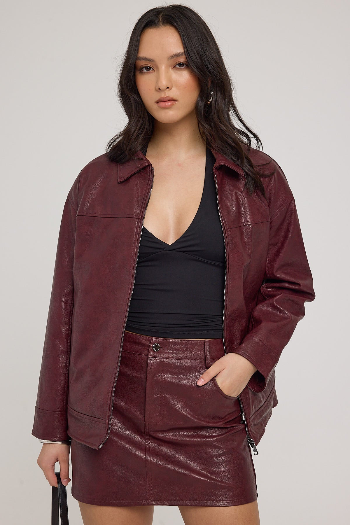 Luck & Trouble Briana PU High Rise Mini Skirt Burgundy - Image 3