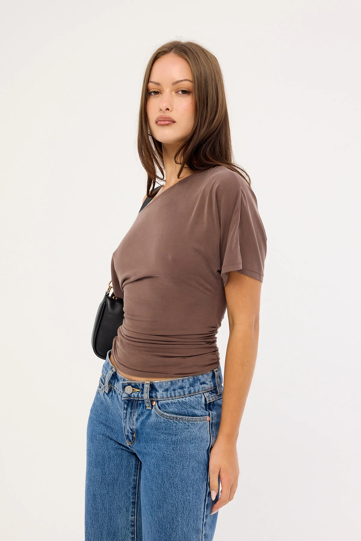 Luck & Trouble Leo Ruched Off Shoulder T-shirt Brown - Image 4