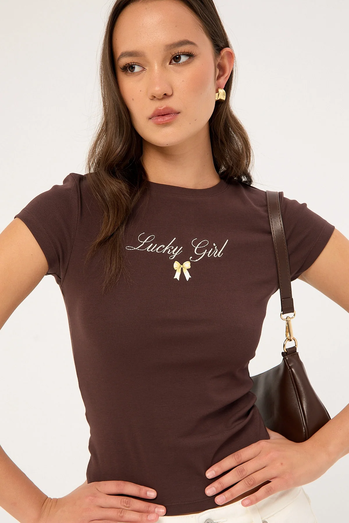 Luck & Trouble Lucky Girl  Baby Tee Brown - Image 4
