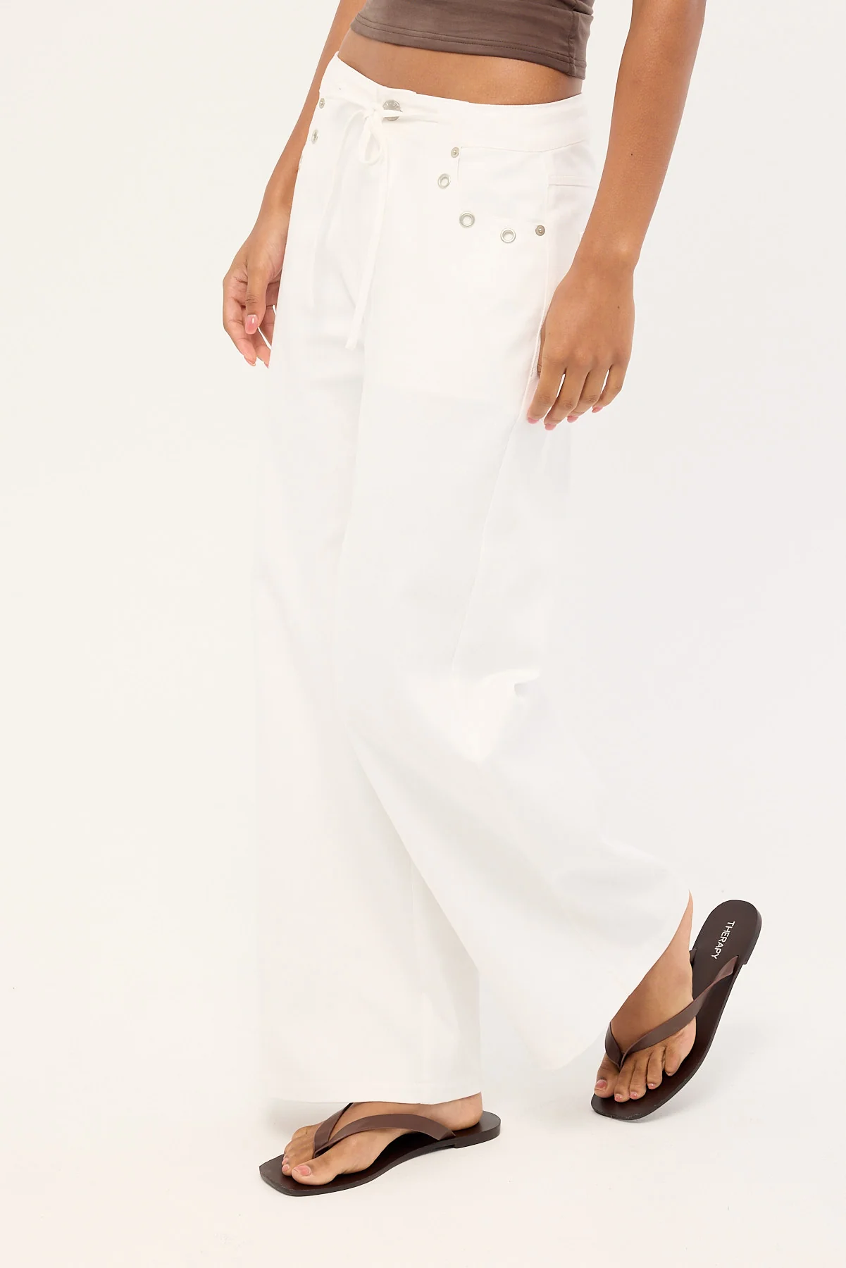 Luck & Trouble Lyon Tie Front Drill Pant White - Image 3