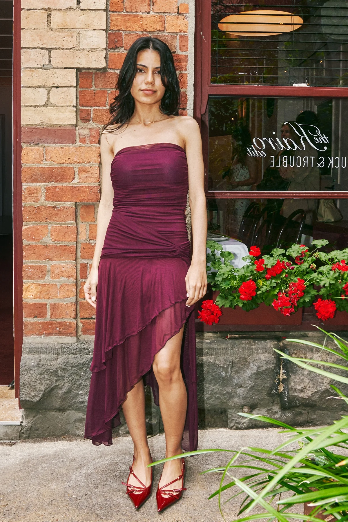 Luck & Trouble Malia Strapless Asymmetrical Midi Dress Plum - Image 5