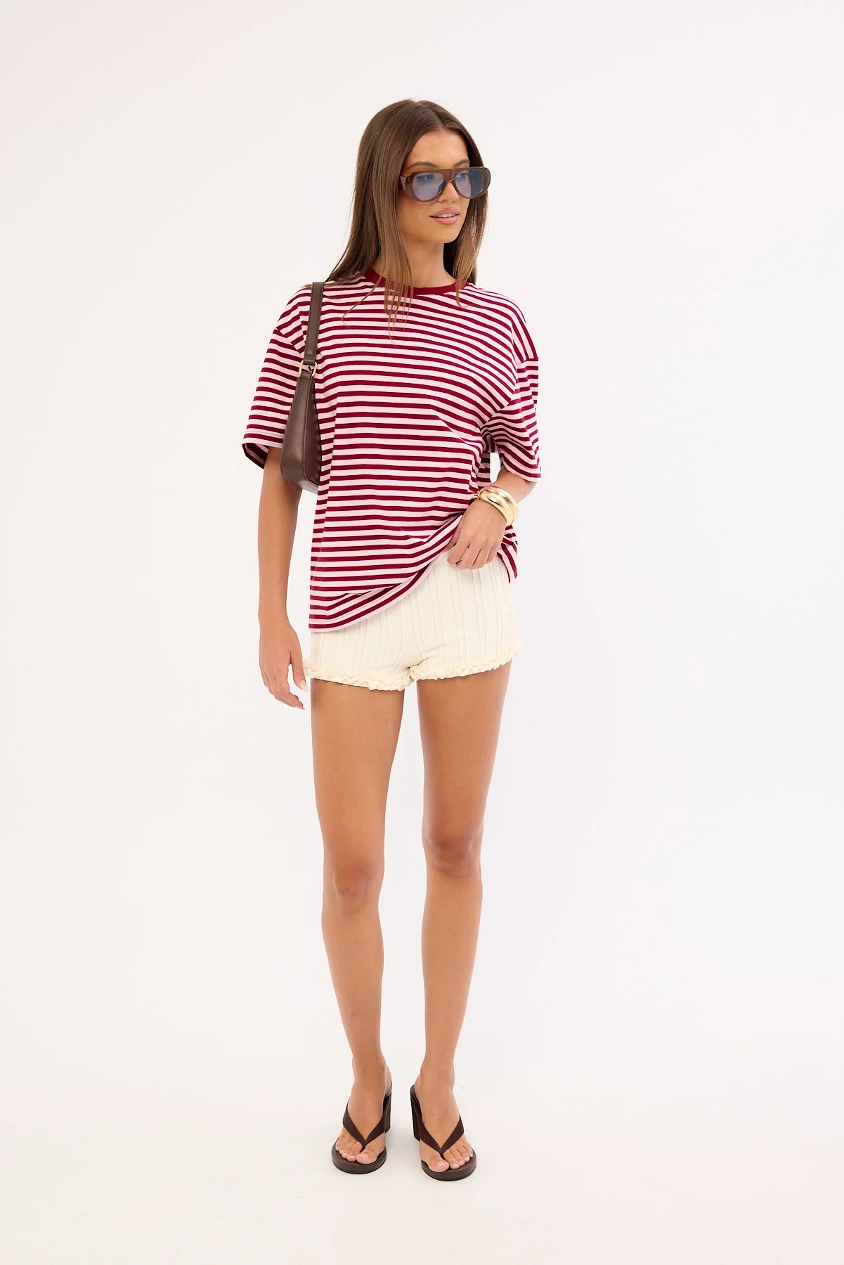 Luck & Trouble Margot Stripe Relaxed T-shirt Pink and Burgundy - Image 2