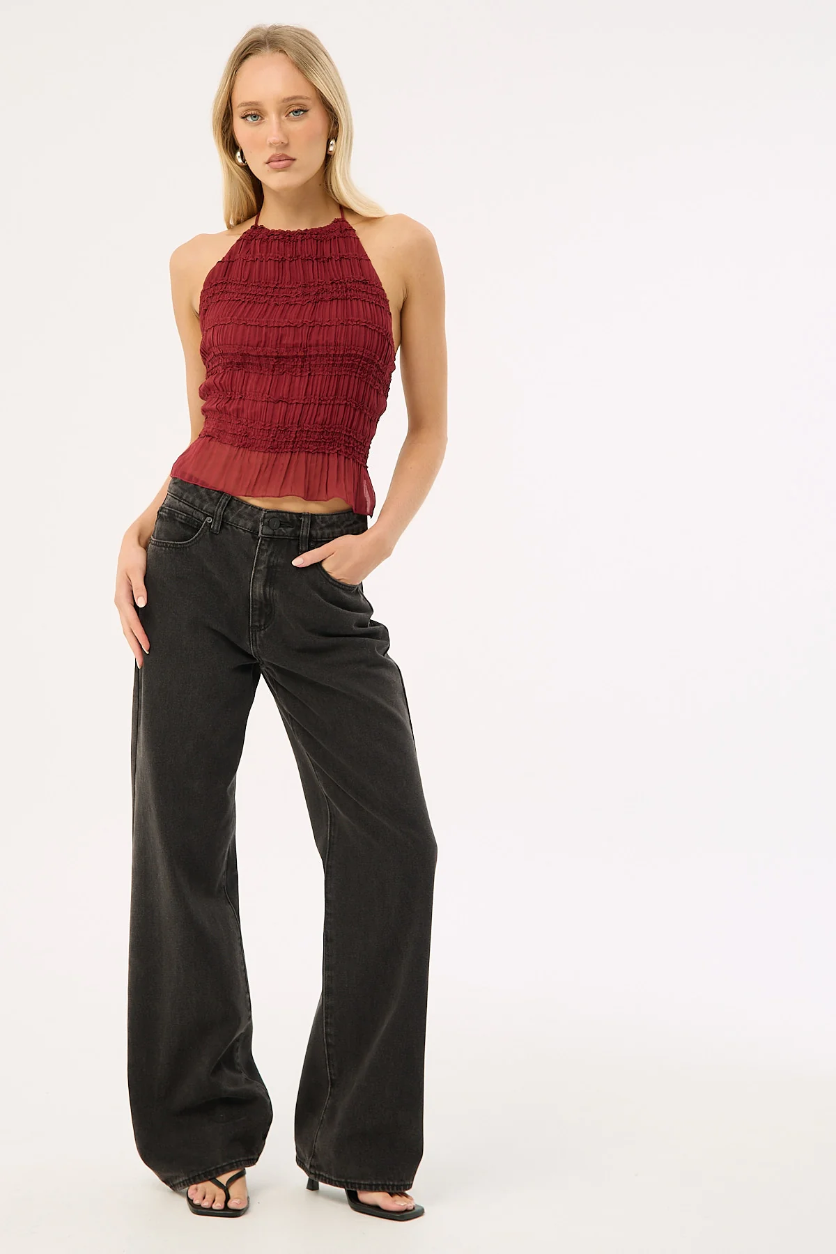 Luck & Trouble Marisole Halter Gathered Tie Top Burgundy - Image 6