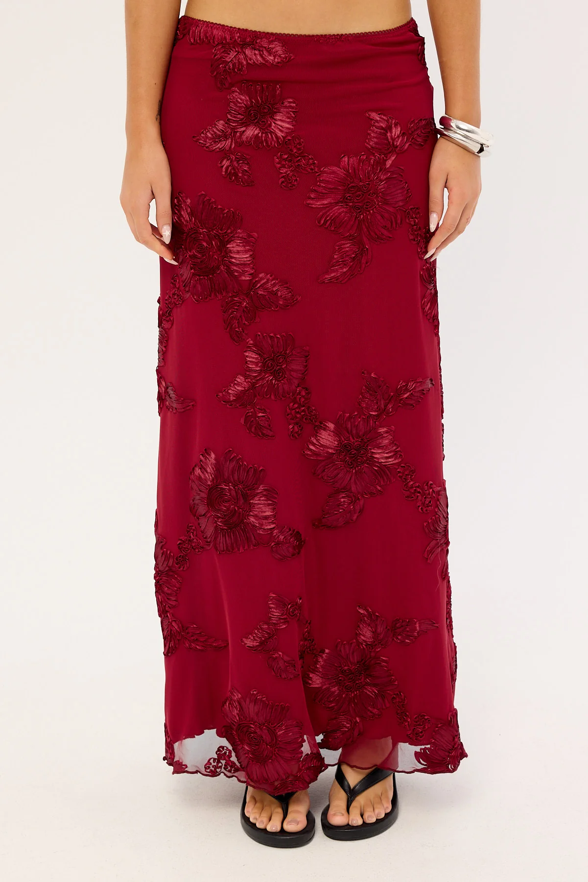 Luck & Trouble Nia Applique Mid Rise Maxi Skirt Burgundy - Image 7