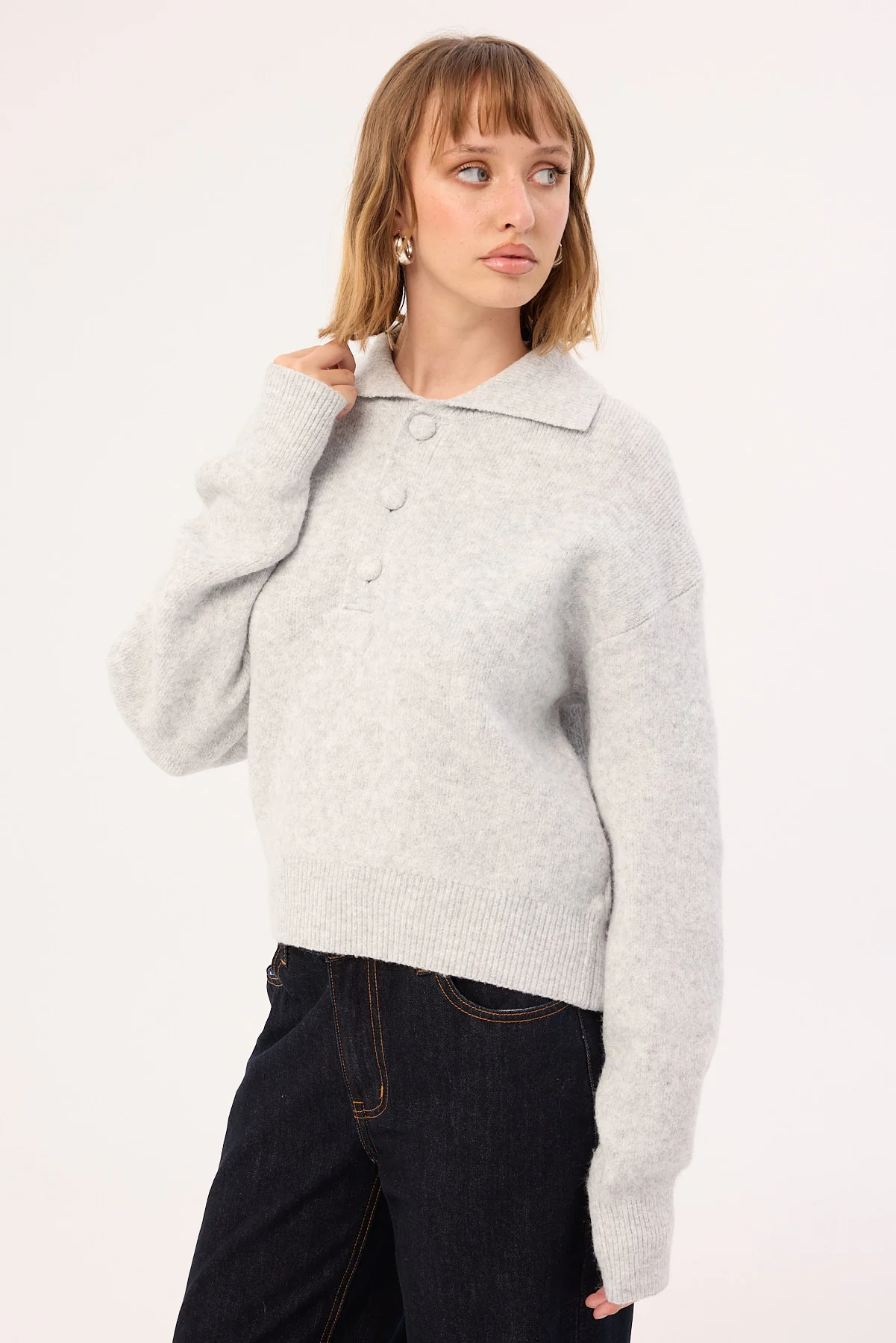 Luck & Trouble Orla Button Collar Knit Jumper Grey - Image 4
