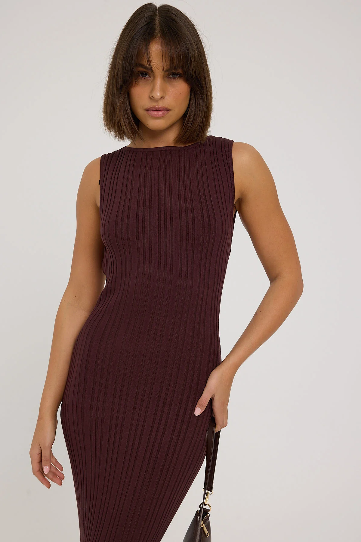 Luck & Trouble Rib High Neck Open Back Knit Midi Dress Brown - Image 2