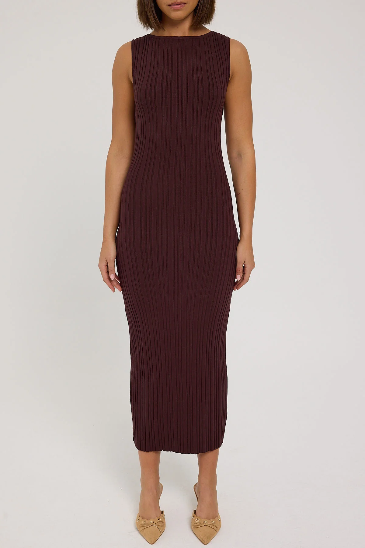 Luck & Trouble Rib High Neck Open Back Knit Midi Dress Brown - Image 7