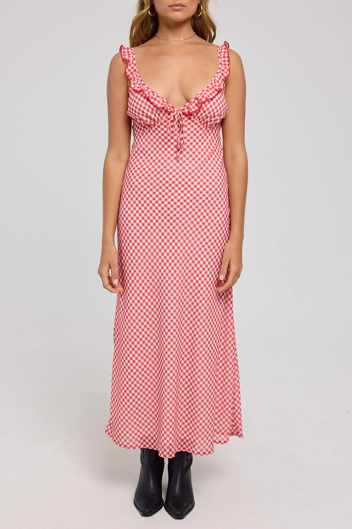 Luck & Trouble Ruby Frill Midi Dress Red Gingham - Image 8