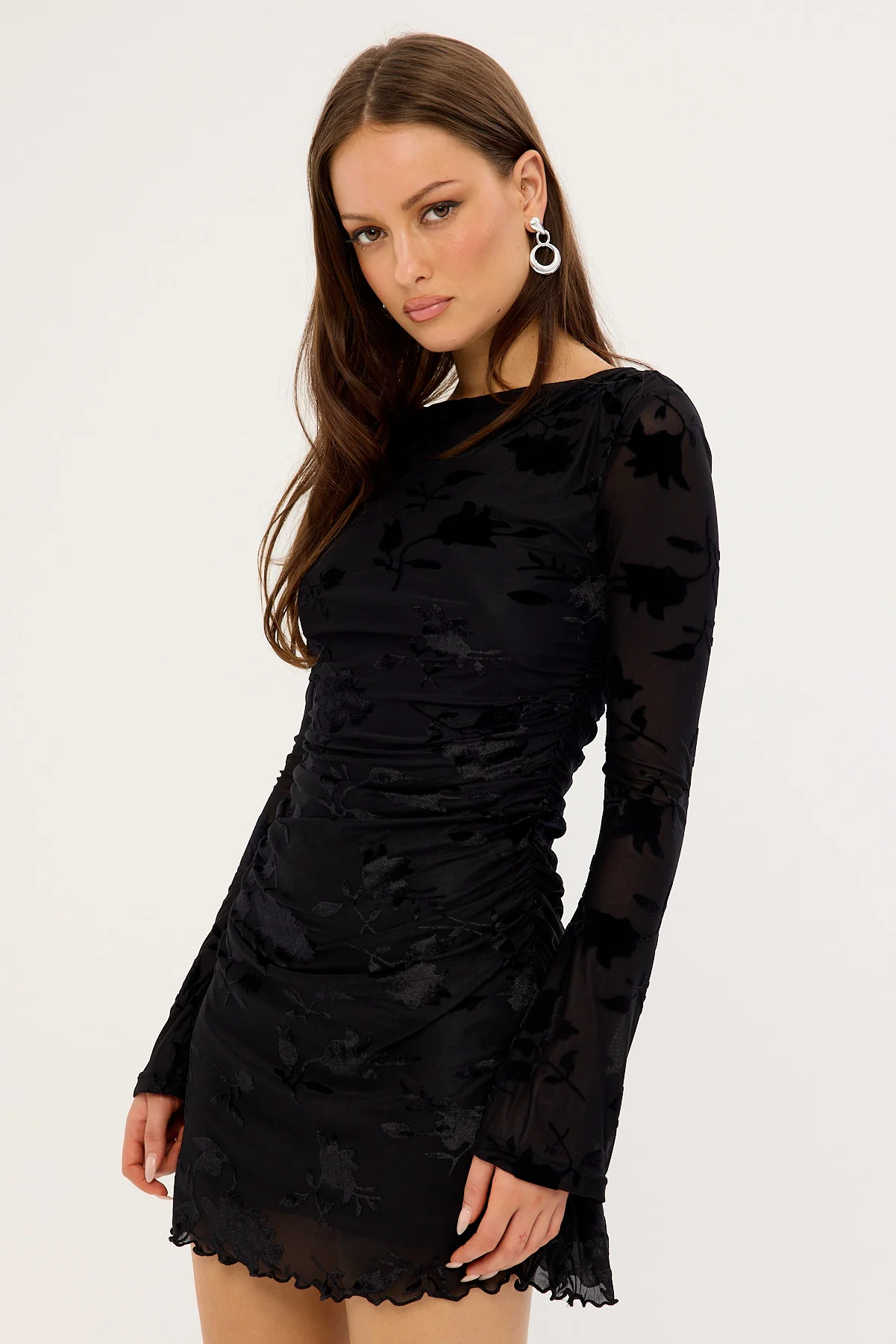 Luck & Trouble Ulla Flocked Long Sleeve Mini Dress Black - Image 4