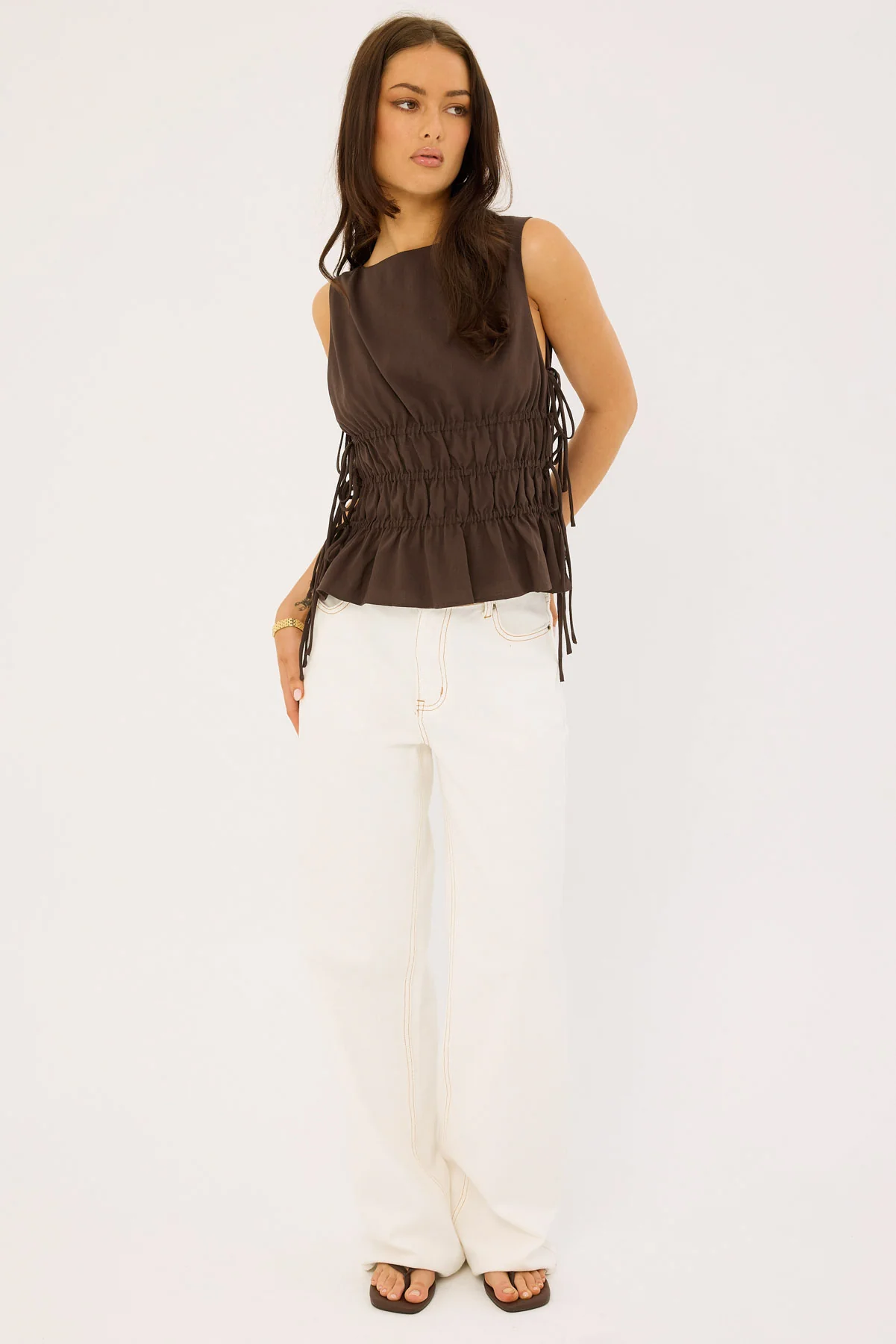 Luck & Trouble Verona Ruched Side Tie Top Chocolate - Image 6