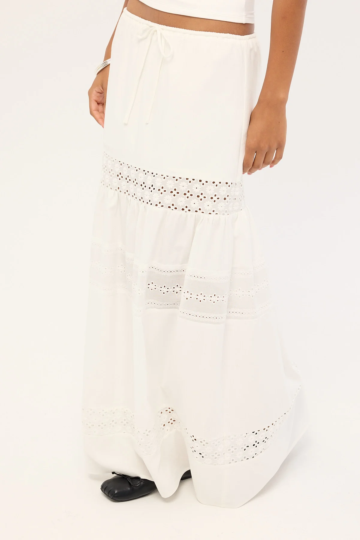 Luck & Trouble Winona Splice Broderie Maxi Skirt White - Image 3