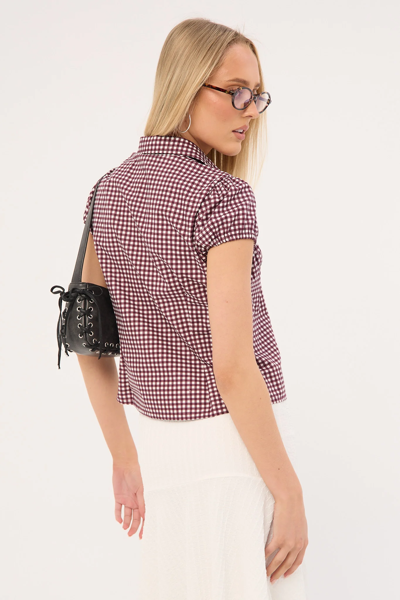 Motel Ulsan Fitted Shirt Mini Gingham Wine - Image 4