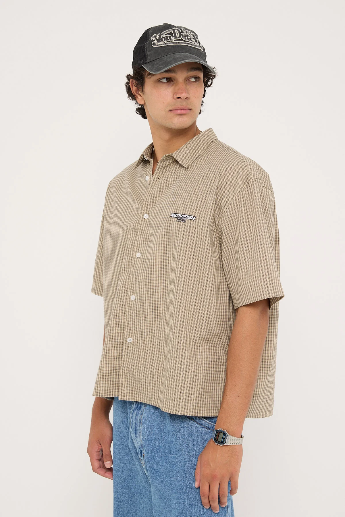 Neovision Break Oversize Cropped Shirt Cream Check - Image 6