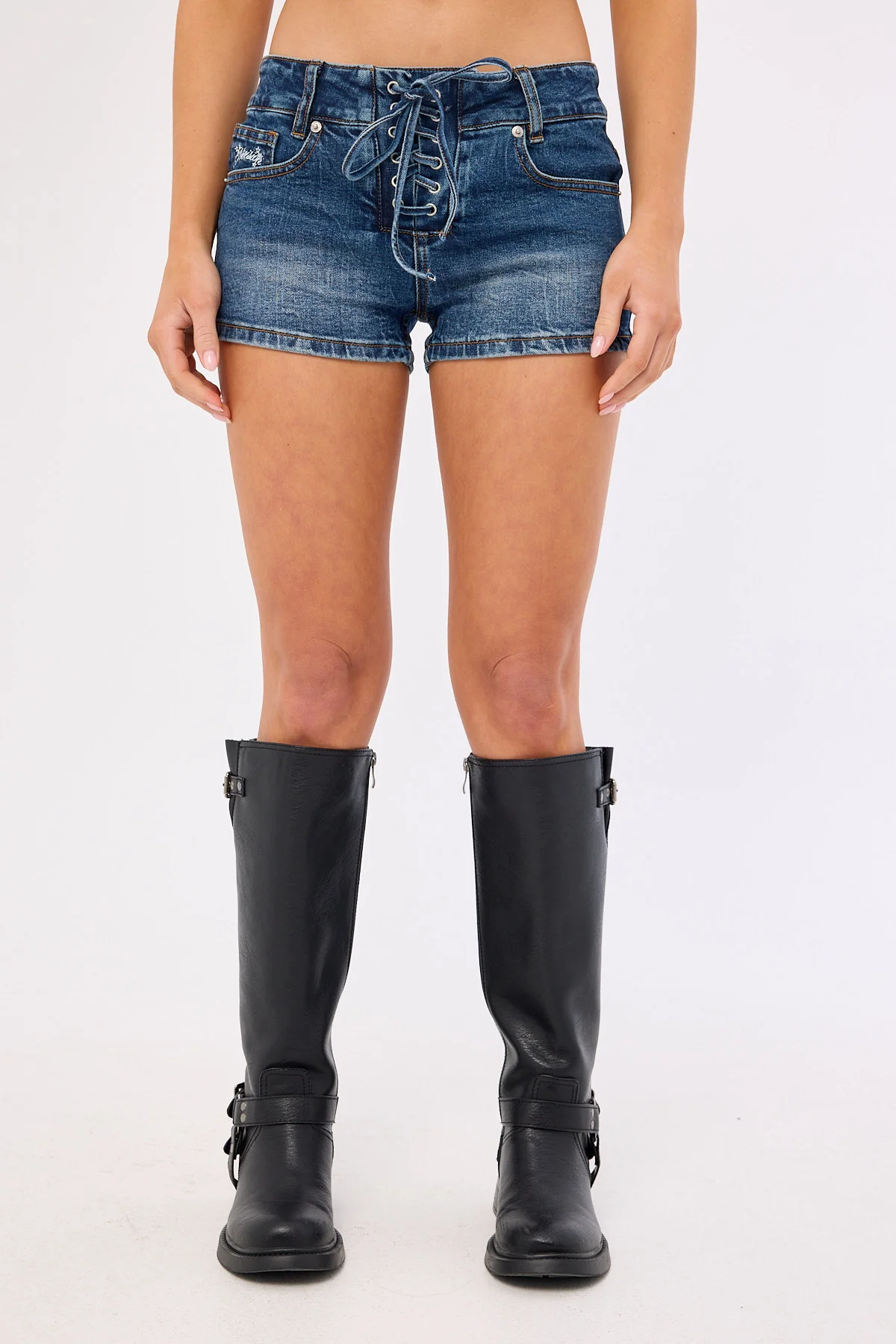 Neovision Misty Lace Up Denim Short Mid Blue Denim - Image 8