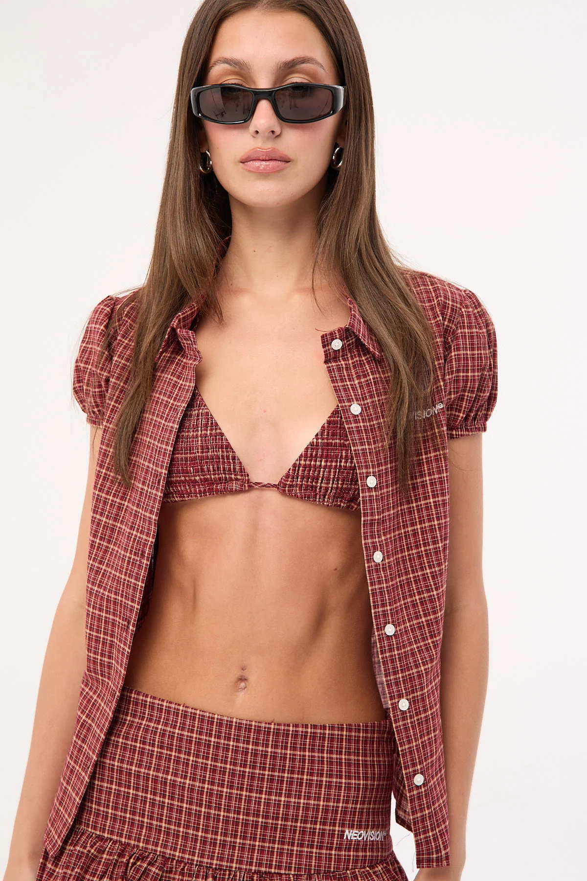 Neovision Nova Smocked Tie Up Bralette Burgundy Check - Image 4