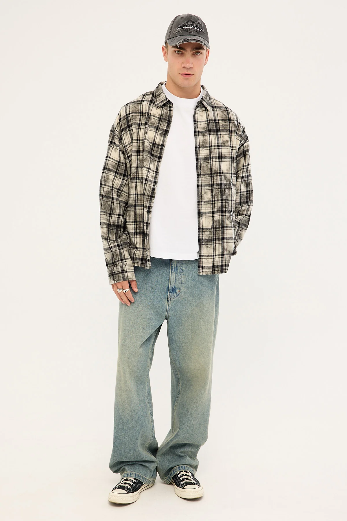 Neovision Scripture Oversized Long Sleeve Shirt Washed White/Black Flannel - Image 2