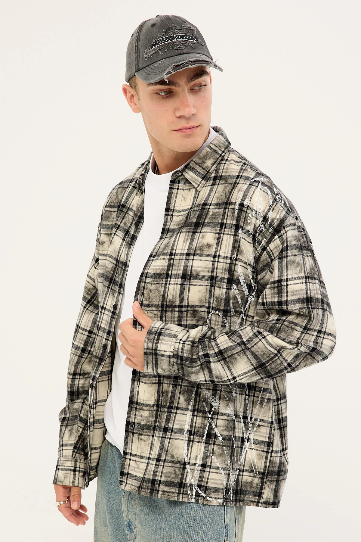 Neovision Scripture Oversized Long Sleeve Shirt Washed White/Black Flannel - Image 4