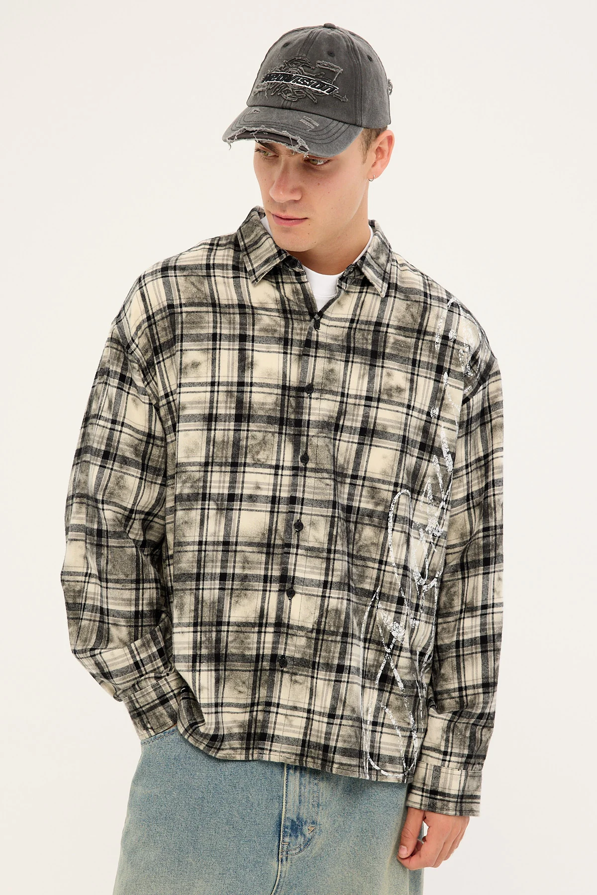Neovision Scripture Oversized Long Sleeve Shirt Washed White/Black Flannel - Image 6