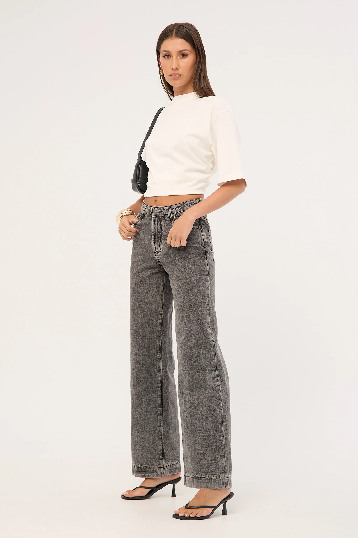 One Teaspoon Jackson Mid Waist Wide Leg Denim Jeans Rocco Grey Black - Image 3