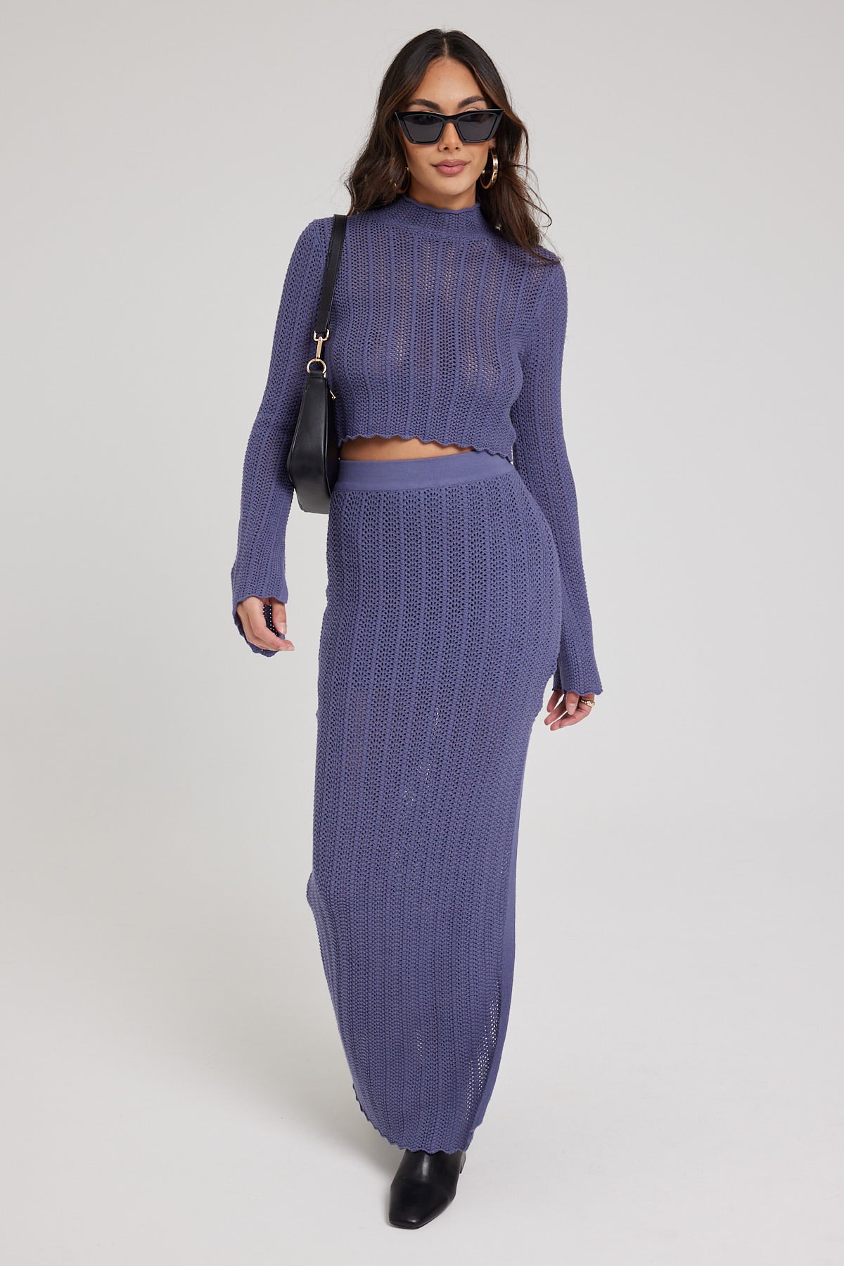 Perfect Stranger Crochet Split Maxi Skirt Steel Blue - Image 2
