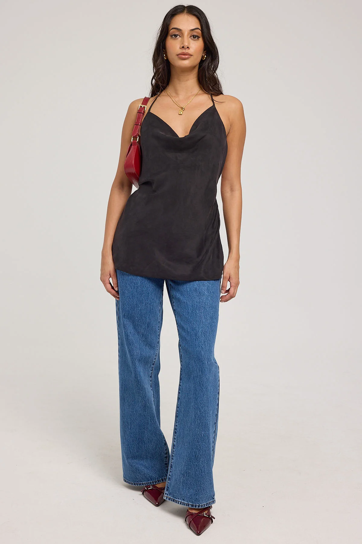 Perfect Stranger Giulia  Long Line Tie Back Cupro Top Black - Image 2