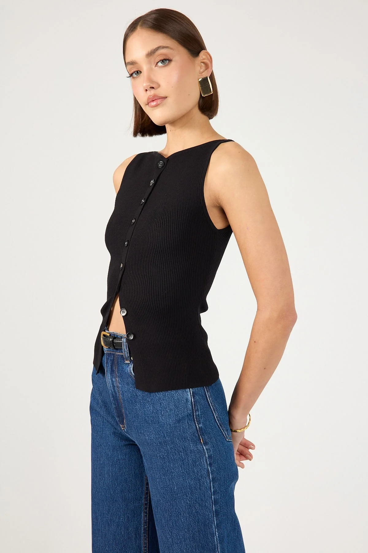 Perfect Stranger High Neck Button Up Rib Knit Top Black - Image 4