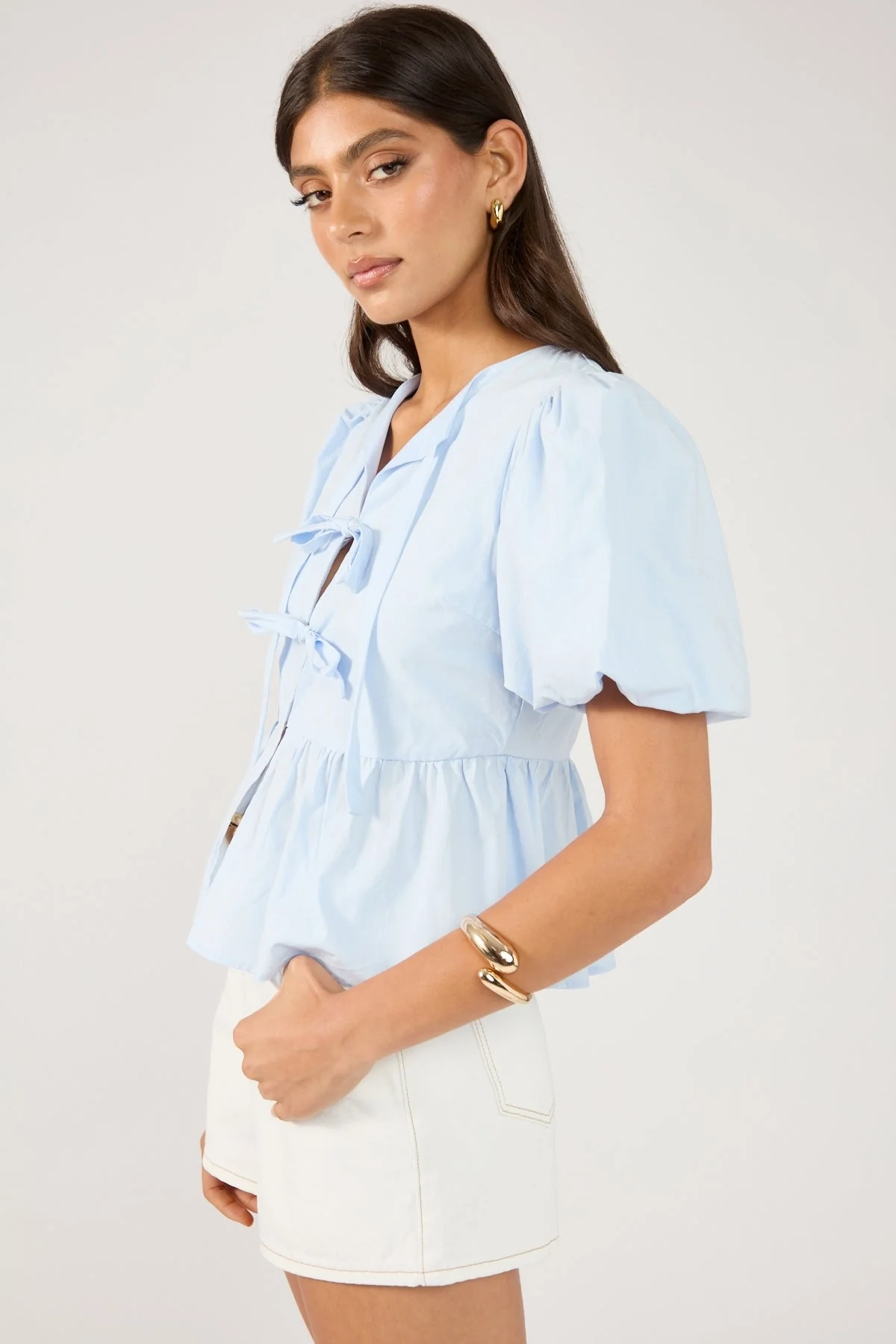Perfect Stranger Ingrid Tie Front Short Sleeve Blouse Light Blue - Image 4