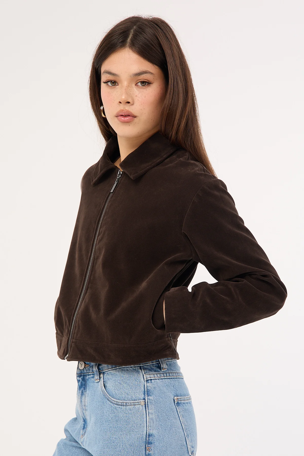 Perfect Stranger Kandice PU Suede Zip Up Jacket Brown - Image 4