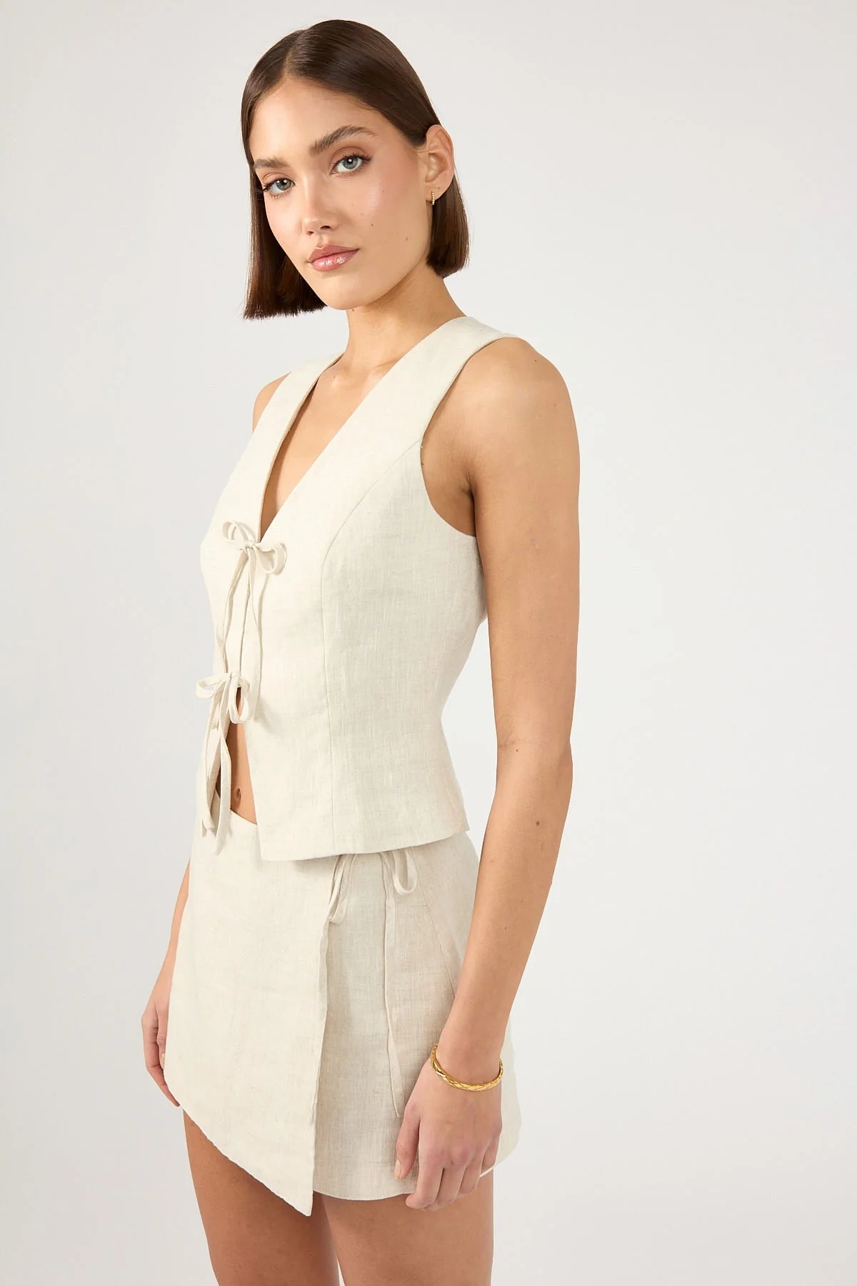 Perfect Stranger Linen Tie Up Vest Top Oatmeal - Image 5