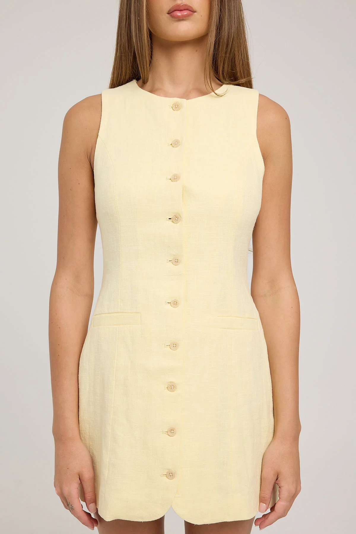 Perfect Stranger Menorca High Neck Linen Mini Dress Lemon - Image 7