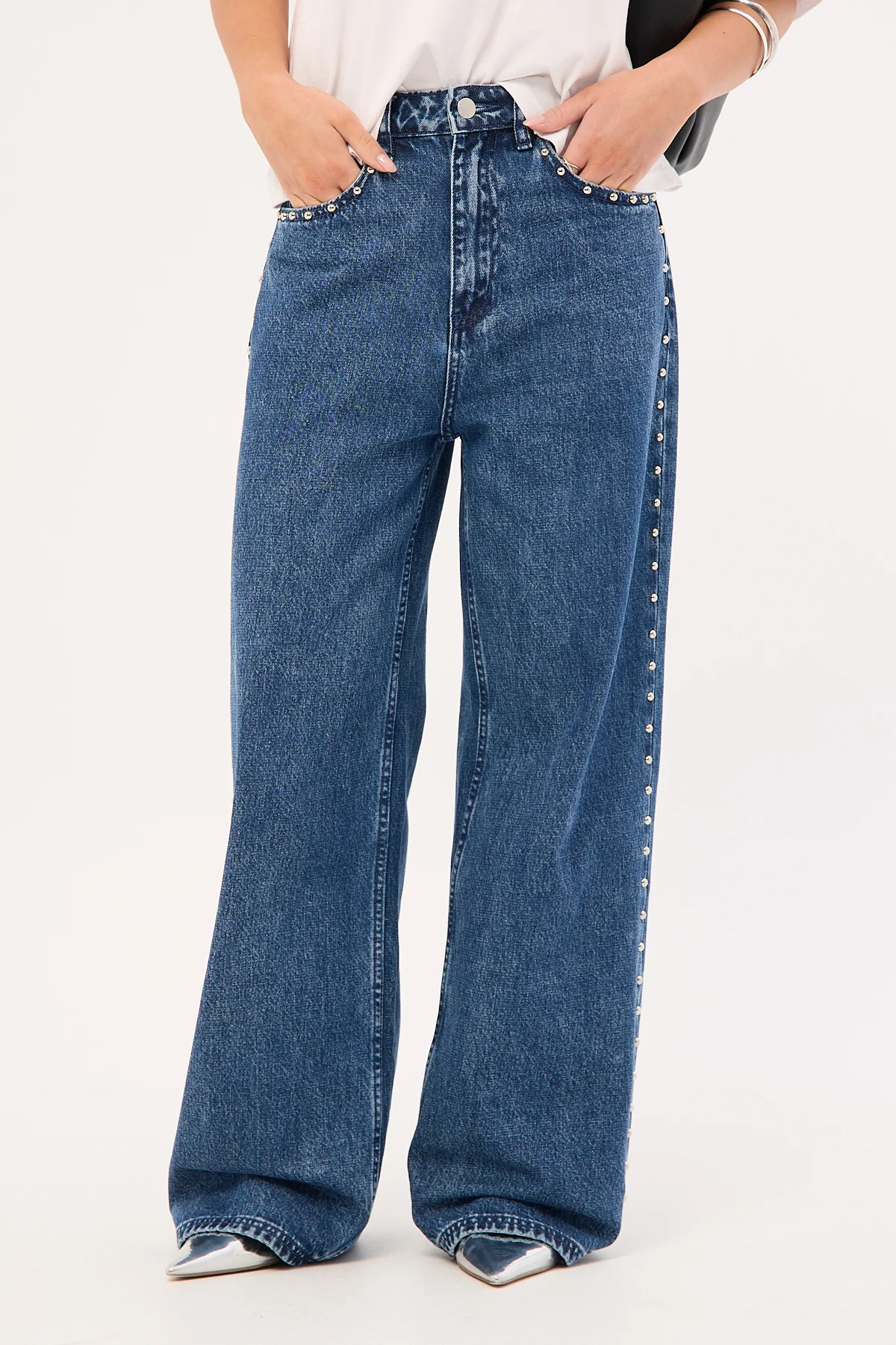 Perfect Stranger Mid Rise Studded Jean Mid Blue Denim - Image 3