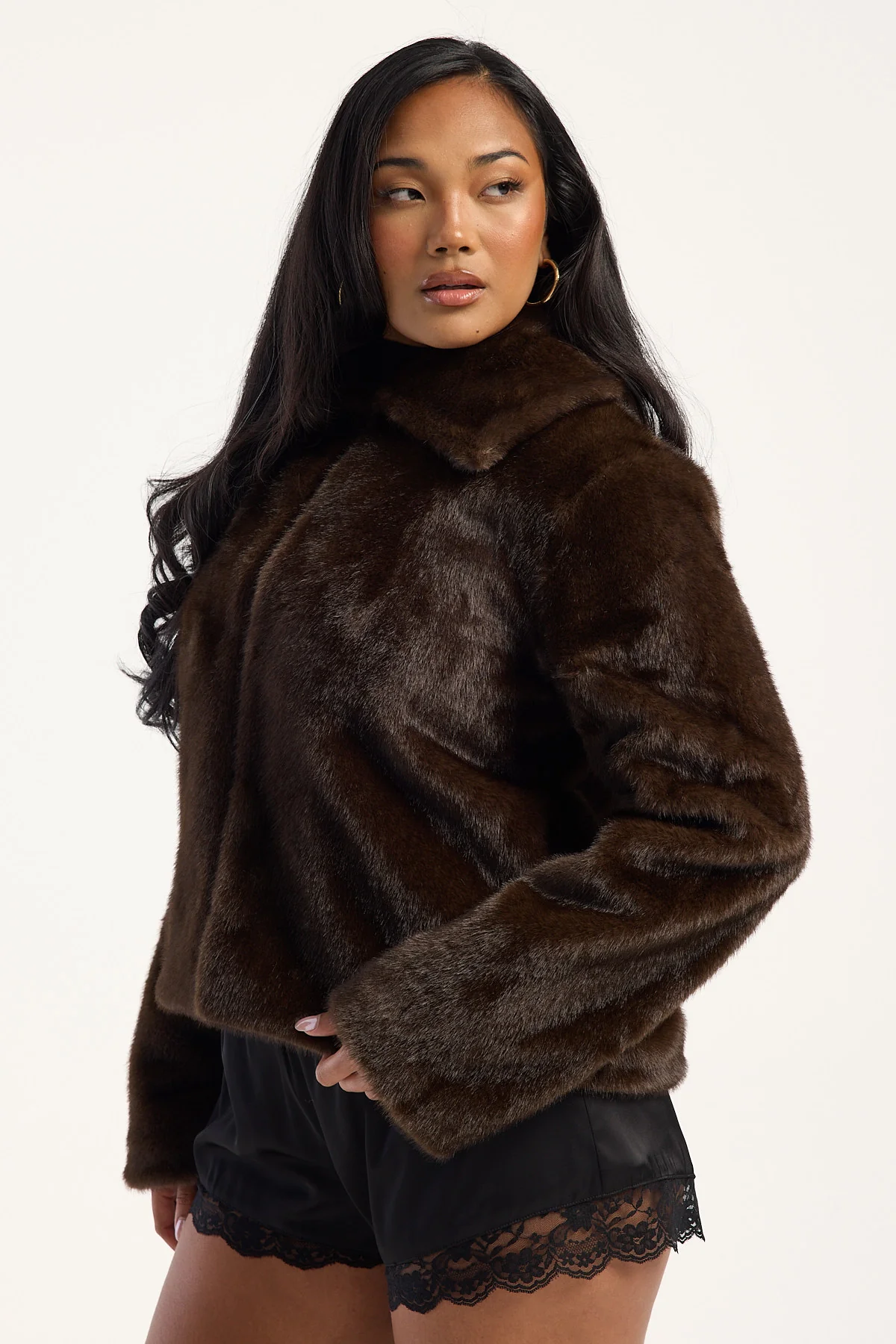 Perfect Stranger Riley Cropped Faux Fur Jacket Brown - Image 4