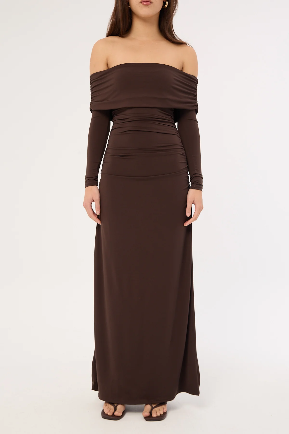 Perfect Stranger Rosetta Off Shoulder Long Sleeve Maxi Dress Ash Brown - Image 9