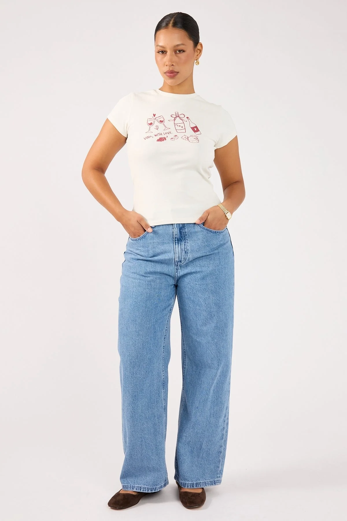 Perfect Stranger Vino Cap Sleeve Tee White Print