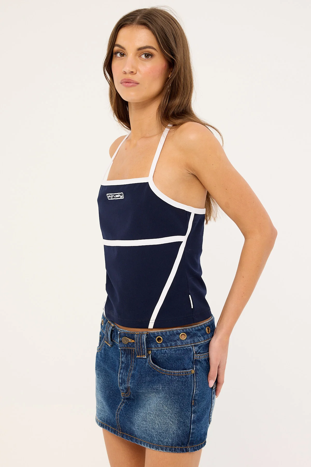 Rusty Demi Queen Fitted Cami Top Navy Blue &amp; White - Image 5